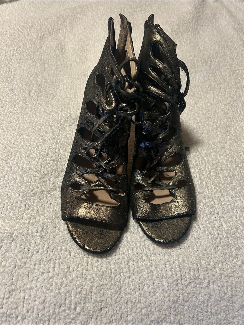 Louise et Cie Metallic Bronze Lace-Up Peep-Toe Heels